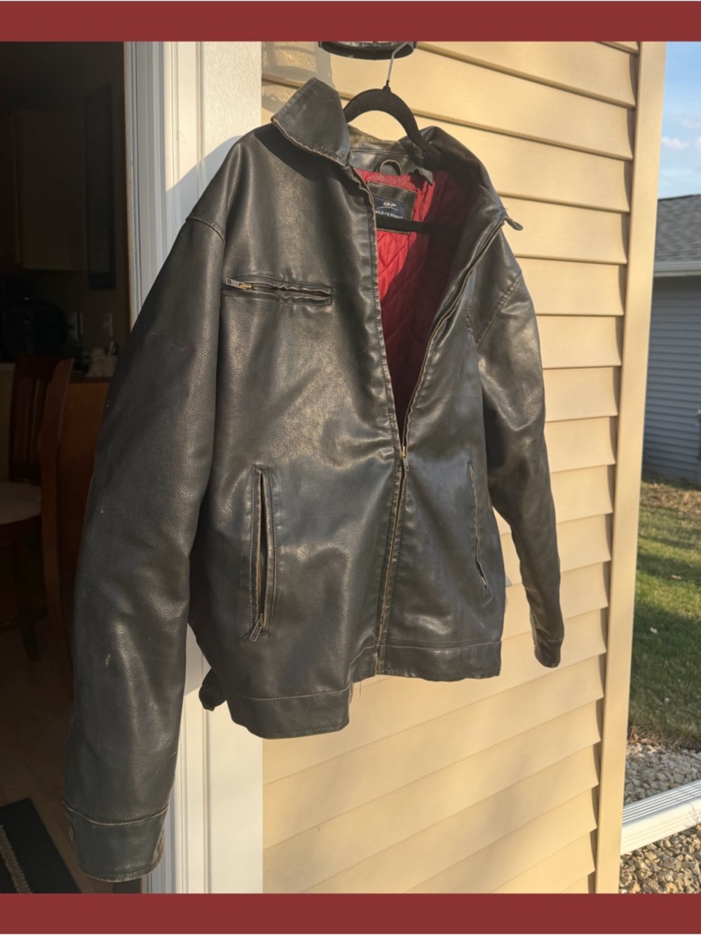 Men's Black Leather Bomber Jacket with Red Quilted Lining